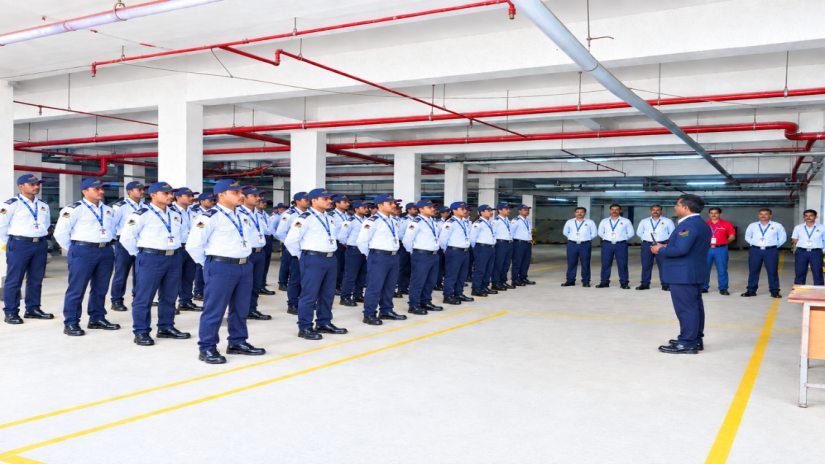 DB Security Services guards lined up for a briefing