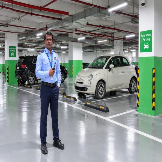 Guard on duty in a basement parking area
