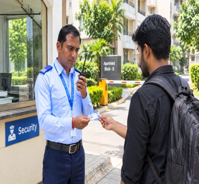 Guard verifying a visitor's ID card at the gate